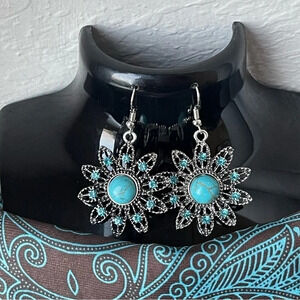 New! Flower Silver-tone Earring Set Bohemian Retro Drop Dangle Hook Turquoise